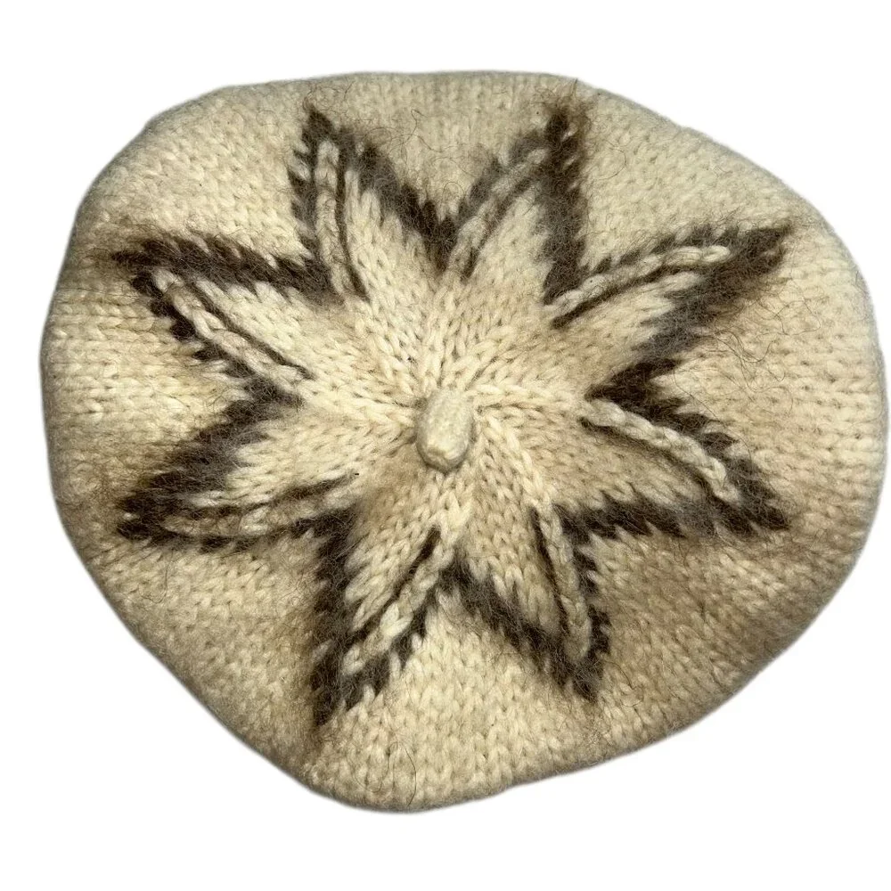 Icelandic Hand knit cream brown wool Fair Isle STAR design wool beret hat